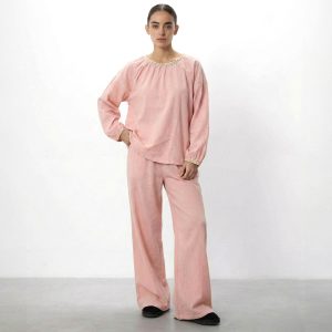 Round Neck Lace Ladies Pajama Set - Pink
