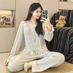 Plain Cuff Ladies Loungewear Pajama Set - Grey