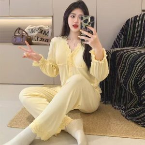 Plain Cuff Ladies Loungewear Pajama Set - Yellow