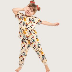 Fun Mickey Girls Cotton Half Sleeves Pajama Set - Yellow