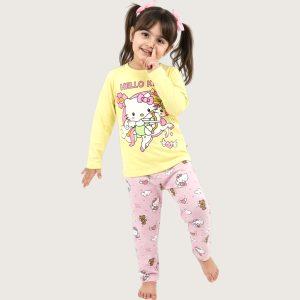 Hello Kitty Girls Cotton Pajama Set - Yellow Pink