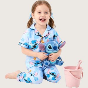 Stitch Girls Front Open Pajama Set - Sky Blue