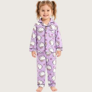 Kitty Girls Cotton Front Open Pajama Set - Purple