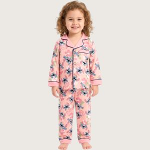 Floral Stitch Girls Cotton Front Open Pajama Set - Pink