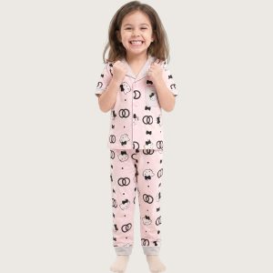 Kitty Bow Girls Front Open Pajama Set - Pink