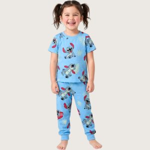 Stitch Girls Cotton Half Sleeves Pajama Set - Sky Blue