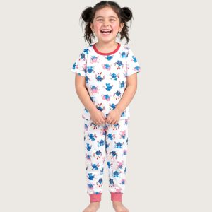 Stitch Love Girls Cotton Half Sleeves Pajama Set - White