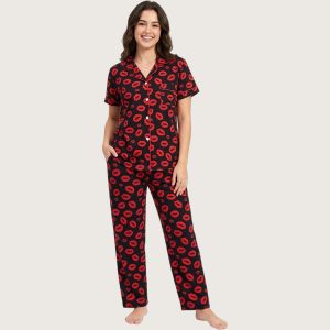 Lips Ladies Pajama Set - Black