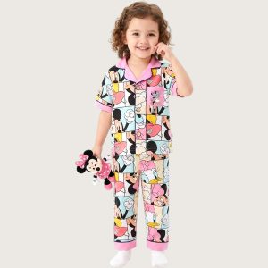 Minnie Checks Girls Front Open Pajama Set - Pink