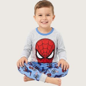 Face Spiderman Boys Full Sleeves Pajama Set - Grey Blue