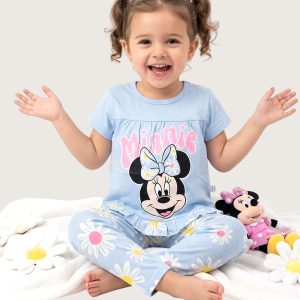 Minnie Face Floral Girls Half Sleeves Pajama Set - Blue