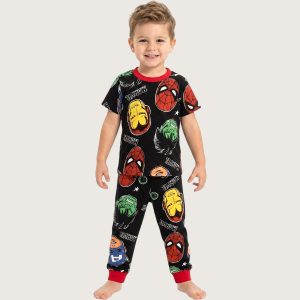 Heroes Faces Boys Half Sleeves Pajama Set - Black