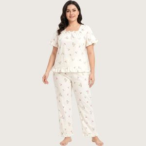 Tiny Flowers Ladies Pajama Set - White