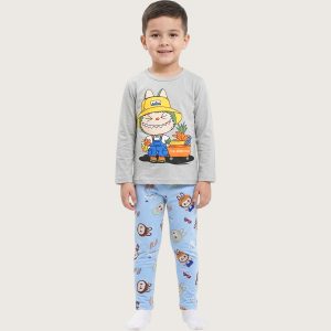 Labubu Boys Cotton Pajama Set - Grey Blue