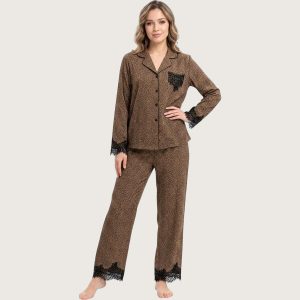 Tiger Print Ladies Pajama Set Sarten Material - Dark Brown