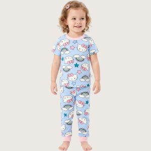 Kitty Sky Girls Half Sleeves Pajama Set - Sky Blue