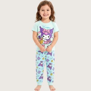 Kuromi Girls Half Sleeves Pajama Set - Sky Blue