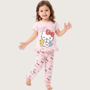 Kitty Teddy Girls Half Sleeves Pajama Set - Pink
