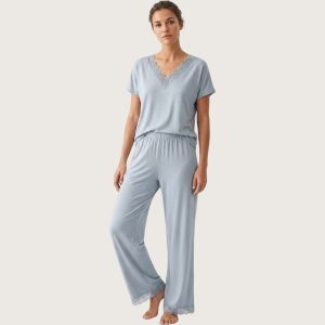 V-Neck Lace Ladies Pajama Set Lycra Material - Light Blue