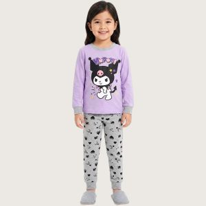 Kuromi Girls Full Sleeves Pajama Set KHAFIF - Purple Grey