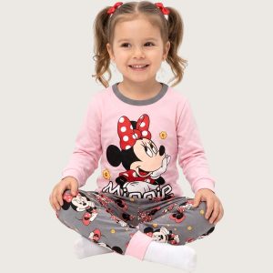 Minnie Floral Girls Full Sleeves Pajama Set - Grey Pink
