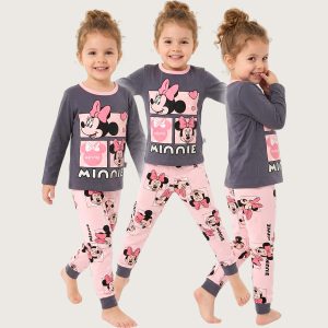 Minnie Love Girls Full Sleeves Pajama Set - Grey Pink