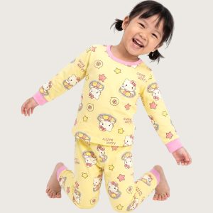 Cute Kitty Girls Full Sleeves Pajama Set - Yellow