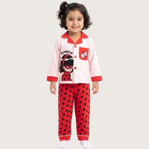 Rainbow Girls Front Open Full Sleeves Pajama Set - Red