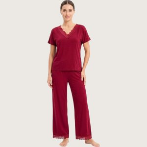 V-Neck Lace Ladies Pajama Set Lycra Material - Burgundy