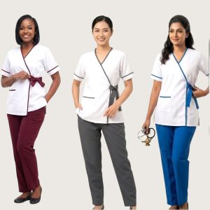 White Bow Uniforms Maid Kreb Qasir يونيفورم كريب - Blue Maroon Grey