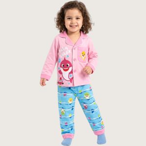 Baby Shark Girls Front Open Full Sleeves Pajama Set - Pink Blue