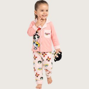 Powerpuff Girls Front Open Full Sleeves Pajama Set - Pink