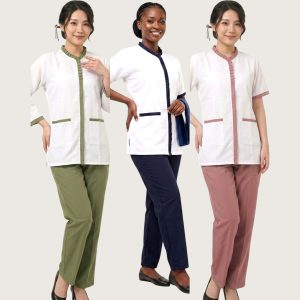 White Top Uniforms Maid Kreb Qasir يونيفورم كريب - Blue Pink Green