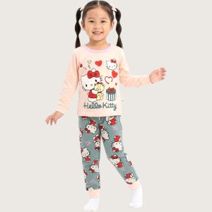 Hello Kitty Girls Full Sleeves Pajama Set - Grey Pink