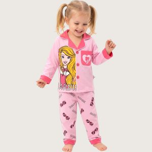 Barbie Girls Front Open Full Sleeves Pajama Set - Pink