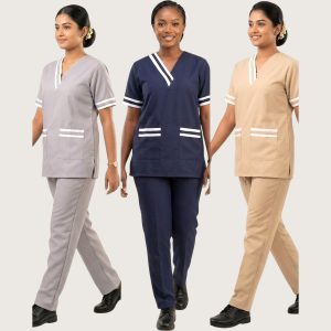 2 Pockets Uniforms Maid Kreb Qasir يونيفورم كريب - Blue Beige Grey
