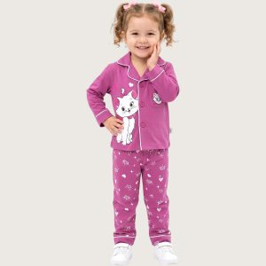 Marie Girls Front Open Full Sleeves Pajama Set - Purple