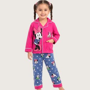 Minnie Girls Front Open Full Sleeves Pajama Set - Pink Blue
