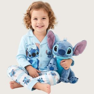 Stitch Girls Front Open Full Sleeves Pajama Set - Sky Blue