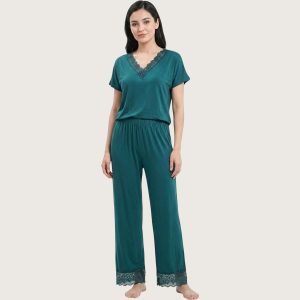 V-Neck Lace Ladies Pajama Set Lycra Material - Dark Green