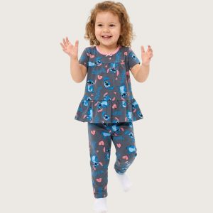Stitch Love Girls Half Sleeves Pajama Set - Dark Grey