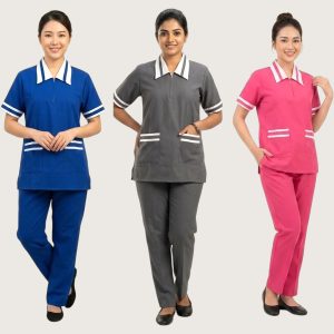 2 Strip Pocket Uniforms Maid Kreb Qasir يونيفورم كريب - Blue Pink Grey