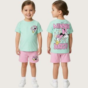 Minnie Daisy Girls Summer Shorts Set - Green Pink