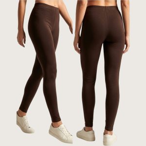 Plain Ladies 100% Cotton Leggings Wide Waist Stripe - Coffee Brown