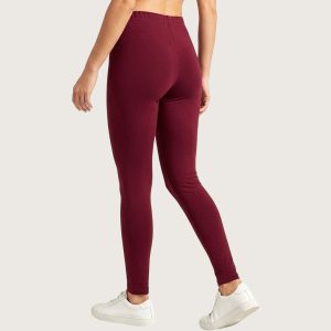 Plain Ladies 100% Cotton Leggings Wide Waist Stripe - Maroon