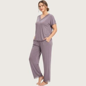 V-Neck Lace Ladies Pajama Set Lycra Material - Purple Grey