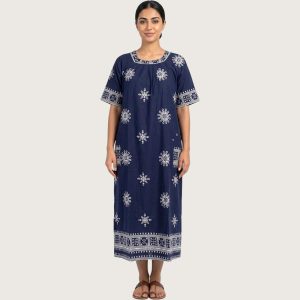Flower Ladies Cotton Dress/Midi - Navy