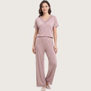 V-Neck Lace Ladies Pajama Set Lycra Material - Light Pink