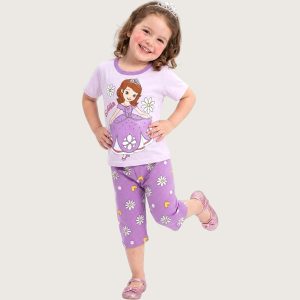Cute Princess Floral Girls Bermuda Set - Purple