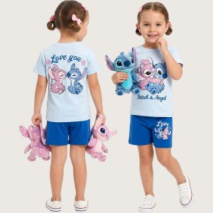 Stitch and Angel Girls Summer Shorts Set - Blue